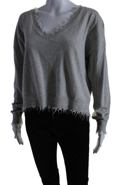 Nation LTD Womens Long Sleeve V Neck Fringe Trim Sweater Gray Cotton Size XS