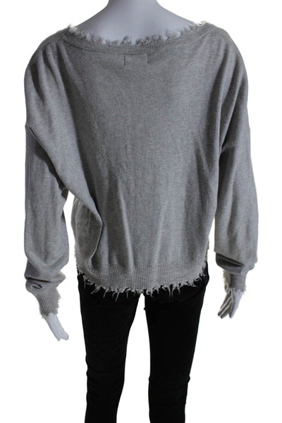 Nation LTD Womens Long Sleeve V Neck Fringe Trim Sweater Gray Cotton Size XS