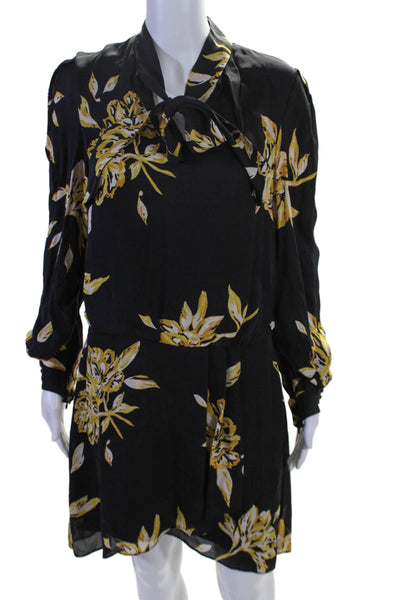 Joie Womens Silk Floral Print Tie Collar Long Sleeve Blouson Dress Black Size 6