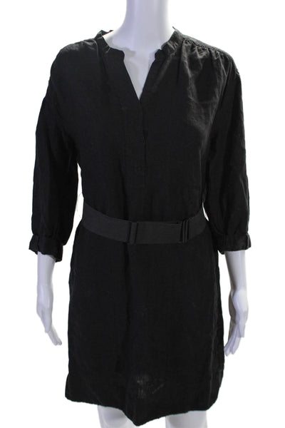 Vince Womens Linen Long Sleeve V Neck Belted Tunic Dress Black Size XS