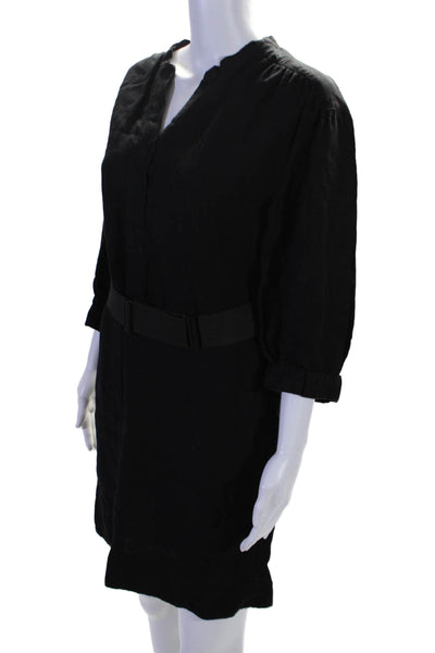 Vince Womens Linen Long Sleeve V Neck Belted Tunic Dress Black Size XS