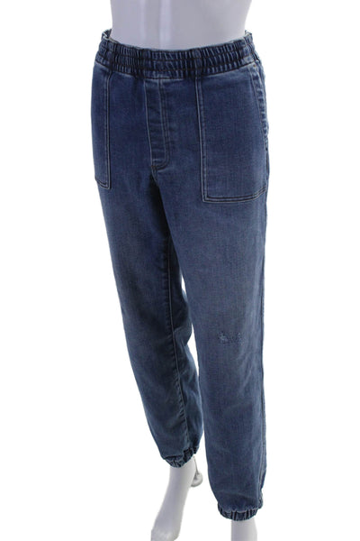 J Crew Women's Elastic Waist Medium Wash Pockets Tapered Leg Denim Pants Size M