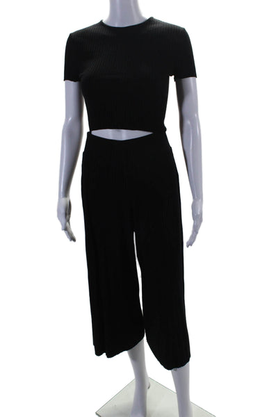 Cale Womens Spandex Ribbed Knit Fitted Short Sleeve Mini Top Pants Set Black Siz