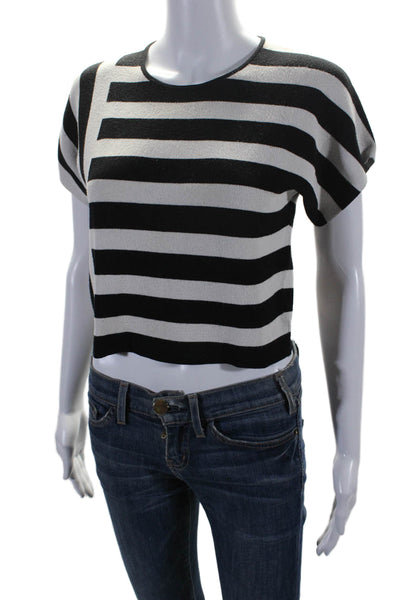 Theory Womens Striped Print Crewneck Short Sleeve Cropped Top White Black Size S