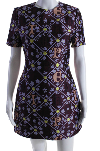 Mary Katrantzou Womens Zip Up Crew Neck Floral Jacquard Dress Purple Silk Size 6