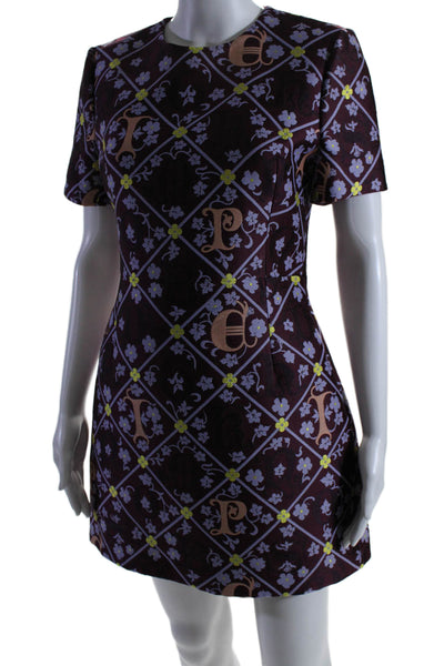 Mary Katrantzou Womens Zip Up Crew Neck Floral Jacquard Dress Purple Silk Size 6