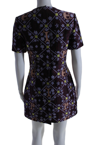 Mary Katrantzou Womens Zip Up Crew Neck Floral Jacquard Dress Purple Silk Size 6