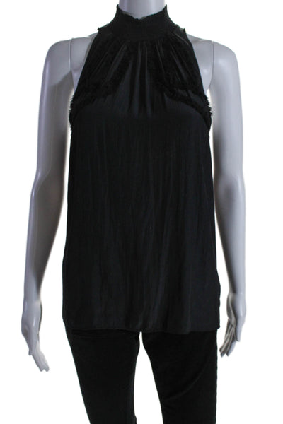 Ramy Brook Womens Sleevleess Smocked Mock Neck Tulle Trim Top Black Size XS