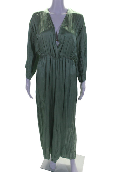 Zara Women's V-Neck Long Sleeves Tie Back Wide Leg Jumpsuit Green Size S