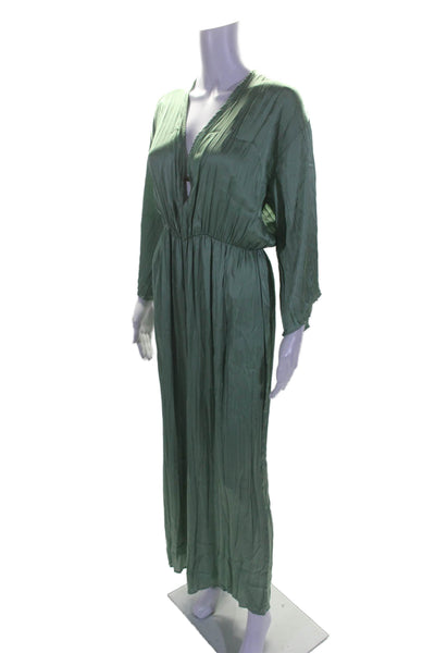 Zara Women's V-Neck Long Sleeves Tie Back Wide Leg Jumpsuit Green Size S