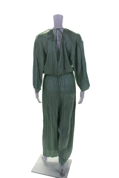 Zara Women's V-Neck Long Sleeves Tie Back Wide Leg Jumpsuit Green Size S