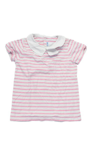 Jacadi Girls Cotton Short Sleeve Round Collar Striped Blouse Pink White Size 8