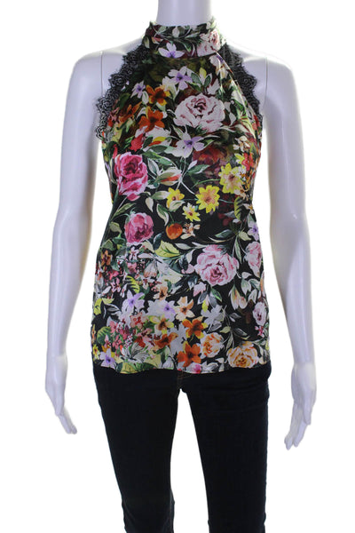 Generation Love Womens Sleeveless Lace Trim Floral Silk Top Black Multi Small