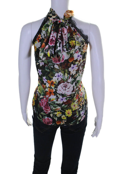 Generation Love Womens Sleeveless Lace Trim Floral Silk Top Black Multi Small