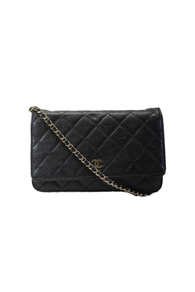 Chanel Womens Quilted Caviar Leather CC Flap Wallet On A Chain Black Gold Tone