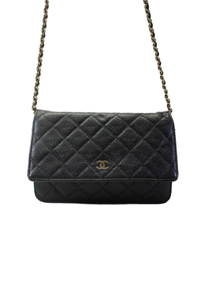 Chanel Womens Quilted Caviar Leather CC Flap Wallet On A Chain Black Gold Tone