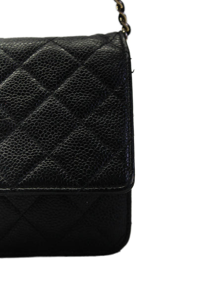 Chanel Womens Quilted Caviar Leather CC Flap Wallet On A Chain Black Gold Tone