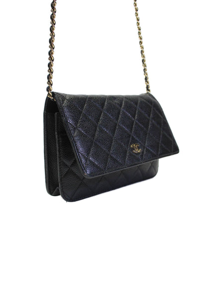 Chanel Womens Quilted Caviar Leather CC Flap Wallet On A Chain Black Gold Tone