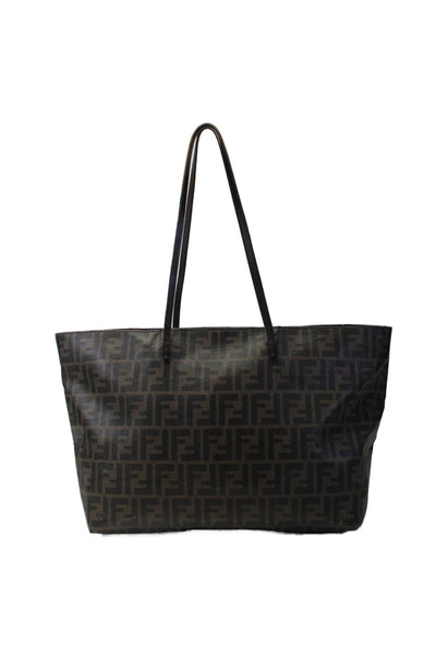 Fendi Womens Brown Leather Monogram Logo Shopper Tote Bag Handbag