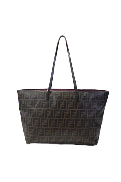 Fendi Womens Brown Leather Monogram Logo Shopper Tote Bag Handbag