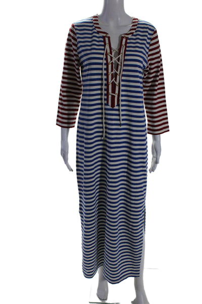 J Crew Womens Striped Long Sleeve V Neck Lace Up Maxi Dress Blue Red Size M