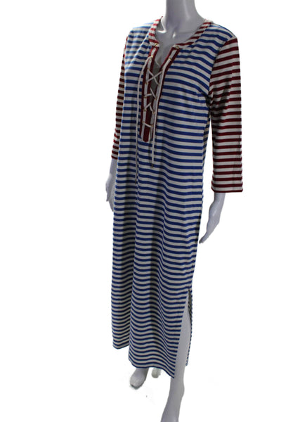 J Crew Womens Striped Long Sleeve V Neck Lace Up Maxi Dress Blue Red Size M