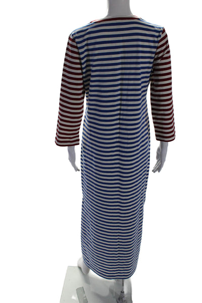 J Crew Womens Striped Long Sleeve V Neck Lace Up Maxi Dress Blue Red Size M