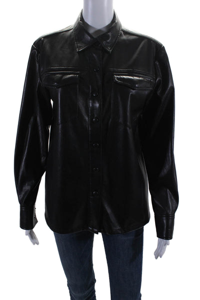 Good American Womens Button Down Long Sleeve Collared Jacket Leather Black 1