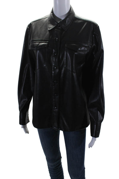 Good American Womens Button Down Long Sleeve Collared Jacket Leather Black 1