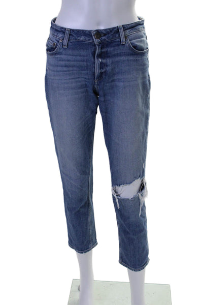 Paige Womens Zip Front Tapered Leg Distressed Jeans Blue Size 27