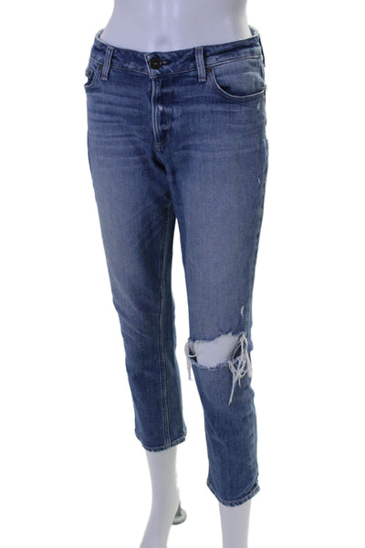 Paige Womens Zip Front Tapered Leg Distressed Jeans Blue Size 27