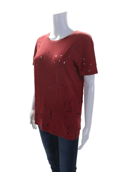 IRO Womens Linen Short Sleeve Distressed T shirt Red Size Size S