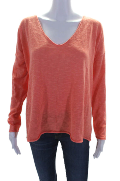 Eileen Fisher Womens Linen Thin Knit V-neck Long Sleeve Sweater Orange Size S