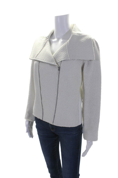 Elie Tahari Womens Texture Collared V-neck Zip Mid Length Jacket Cream Size M