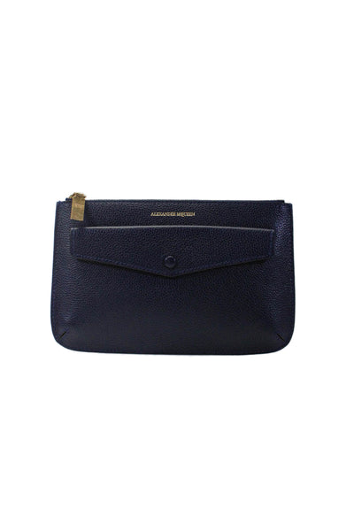 Alexander McQueen Womens Zip Top Grain Leather Logo Clutch Handbag Navy Blue