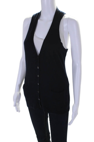 Vince Womens Cashmere Knit Button Sleeveless Vest Rib Cardigan Navy Size S