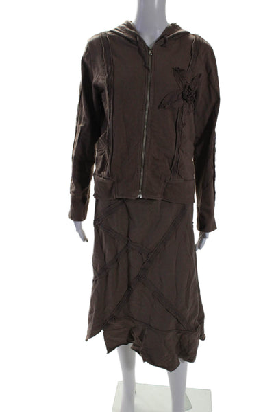 Juliett Womens Cotton 2 Piece Hooded Jacket Asymmetric Skirt Set Brown Size XL L