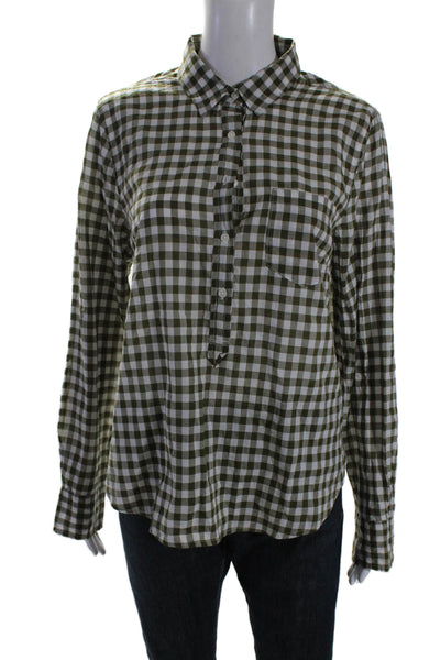 J Crew Womens Cotton Gingham Print Long Sleeve Button Up Top Green Size M