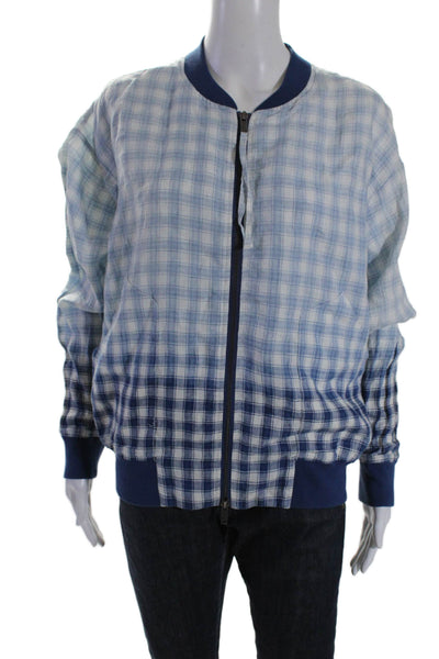 Pure DKNY Womens Linen Ombre Plaid Double Zip Light Bomber Jacket Blue Size P