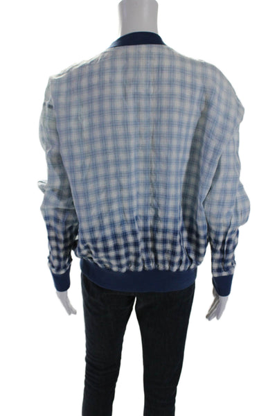 Pure DKNY Womens Linen Ombre Plaid Double Zip Light Bomber Jacket Blue Size P