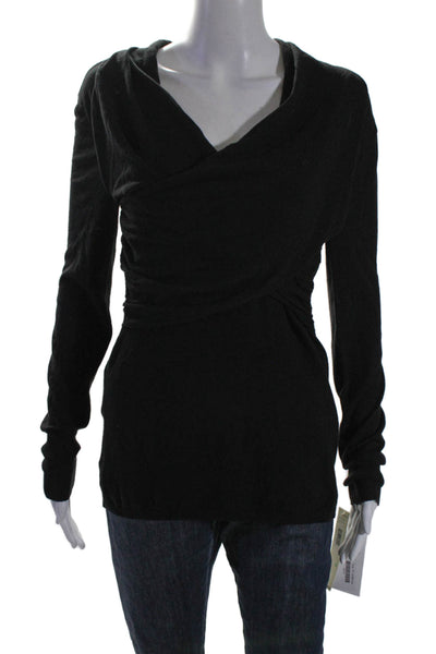 DKNYC Womens Long Sleeve V Neck Knit Drape Blouse Black Size L