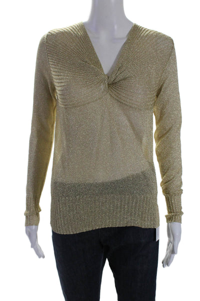 Aigue-Marine Womens Twist Knot Long Sleeves V Neck Sweater Gold Metallic Size Sm