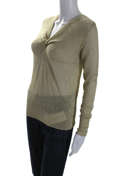 Aigue-Marine Womens Twist Knot Long Sleeves V Neck Sweater Gold Metallic Size Sm