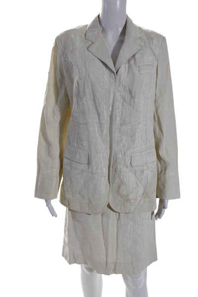 Prada Womens Linen Classic Lapel Button Down Skirt Suit Beige White Size Small