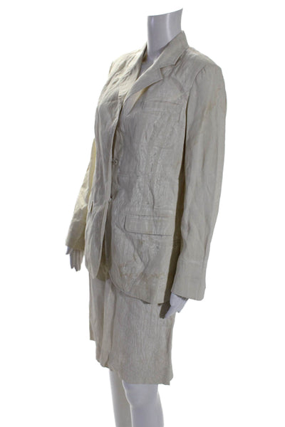 Prada Womens Linen Classic Lapel Button Down Skirt Suit Beige White Size Small