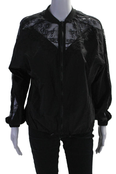 Zara Womens Texture Zip Collared Lined Lace Windbreaker Jacket Black Size XS