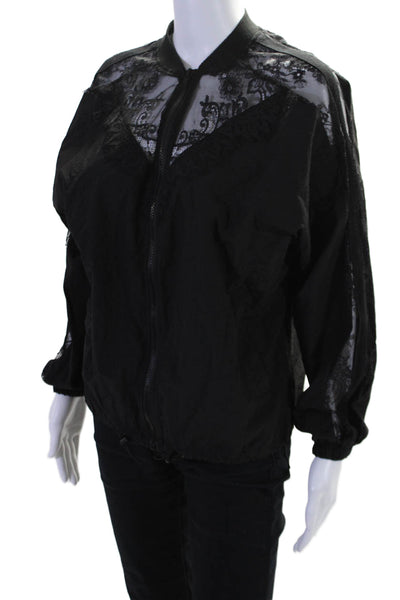 Zara Womens Texture Zip Collared Lined Lace Windbreaker Jacket Black Size XS