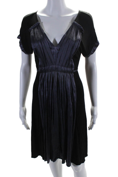 BCBGMAXAZRIA Womens Short Sleeve Silk Trim V Neck Dress Black Purple Size Small