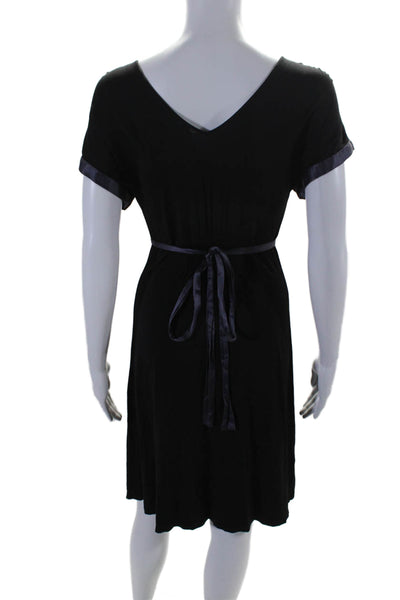 BCBGMAXAZRIA Womens Short Sleeve Silk Trim V Neck Dress Black Purple Size Small