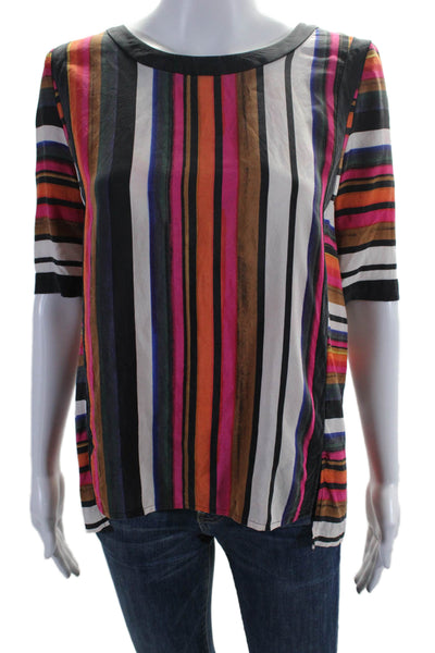 Trina Turk Womens Short Sleeve Striped Silk Top Multicolored Size Medium